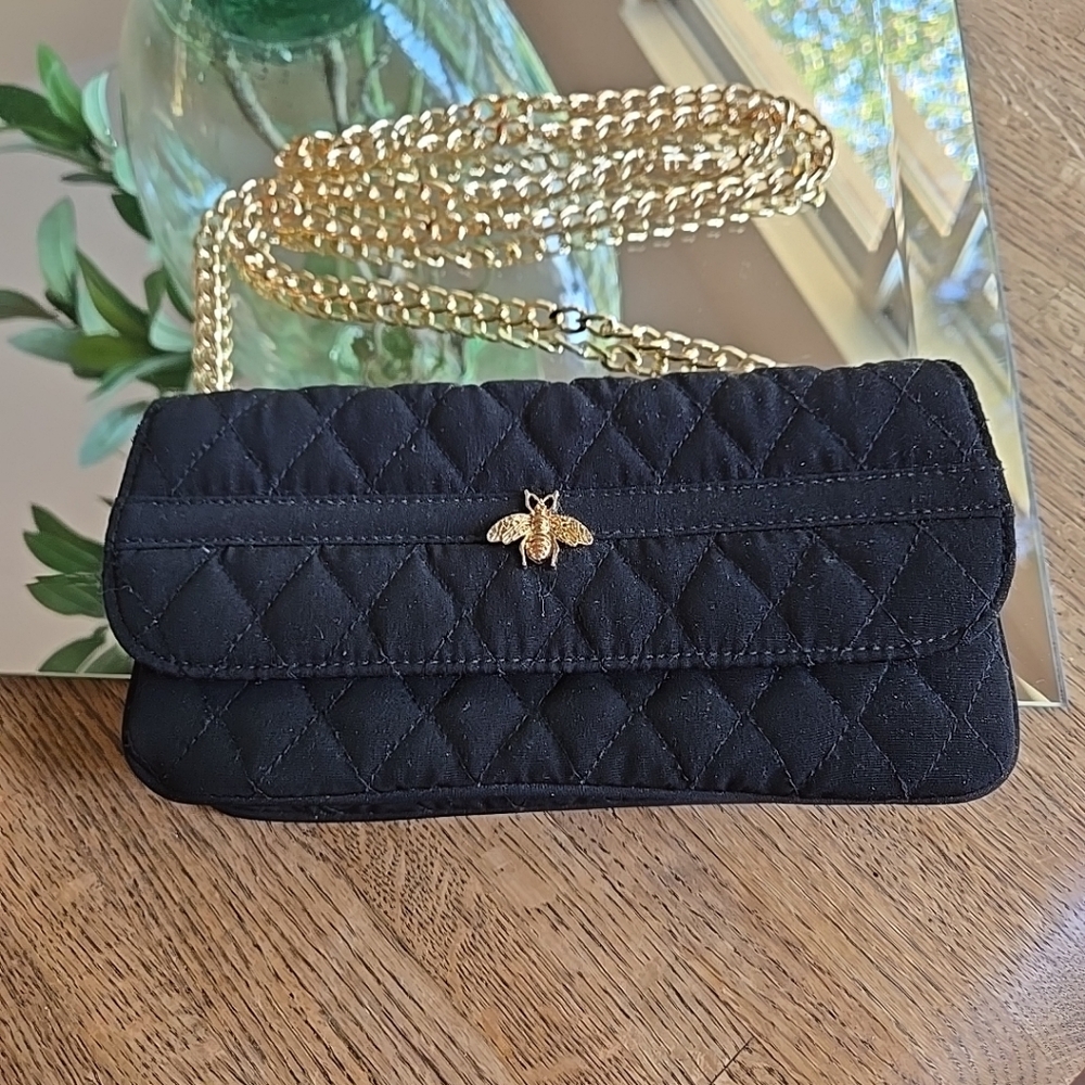 One of a kind Black Quilted Bag with 50"Gold Chain Upcycled Designer Gold BEE - Picture 2 of 12